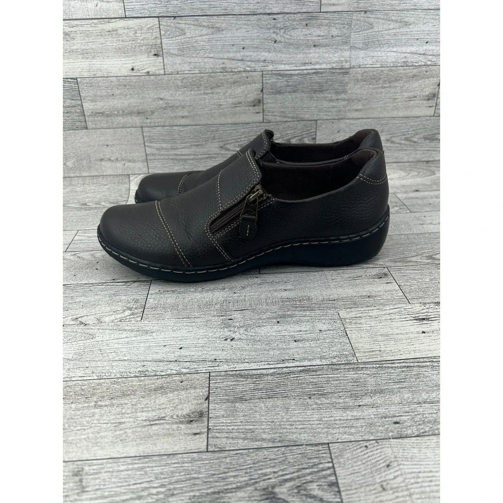 Clarks Collection Womens Brown‎ Leather Zip Side Slip On Loafer Shoes Size 7M